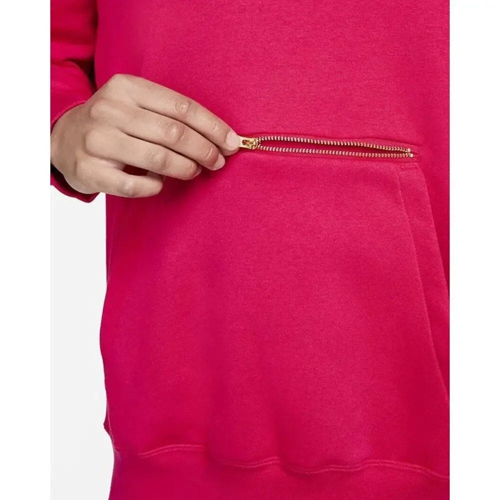 Women's NIke Metallic Oversized Fleece Hoodie XS Bery Red Zipper Pocket Pullover